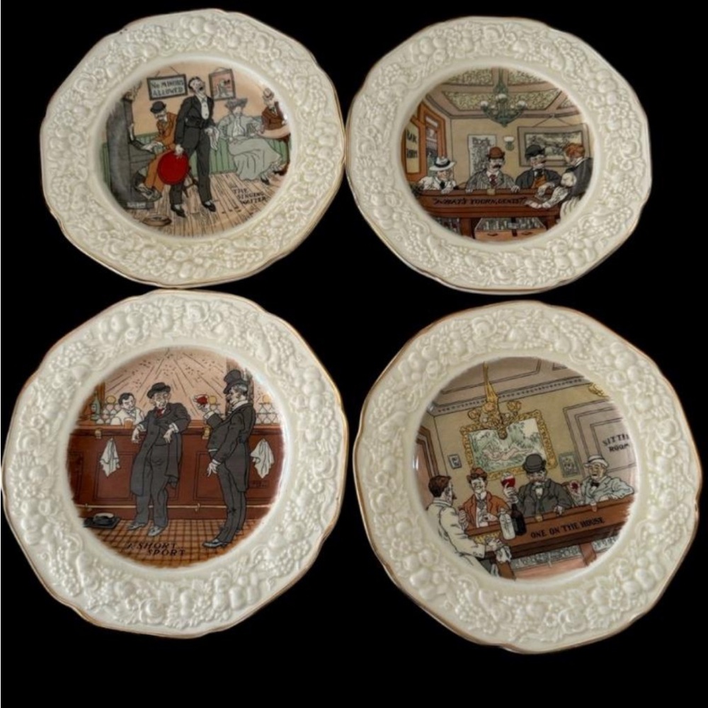 1930s Crown Ducal "Florentine" Bar Scene Set of 4 Plates | 8" | Antique